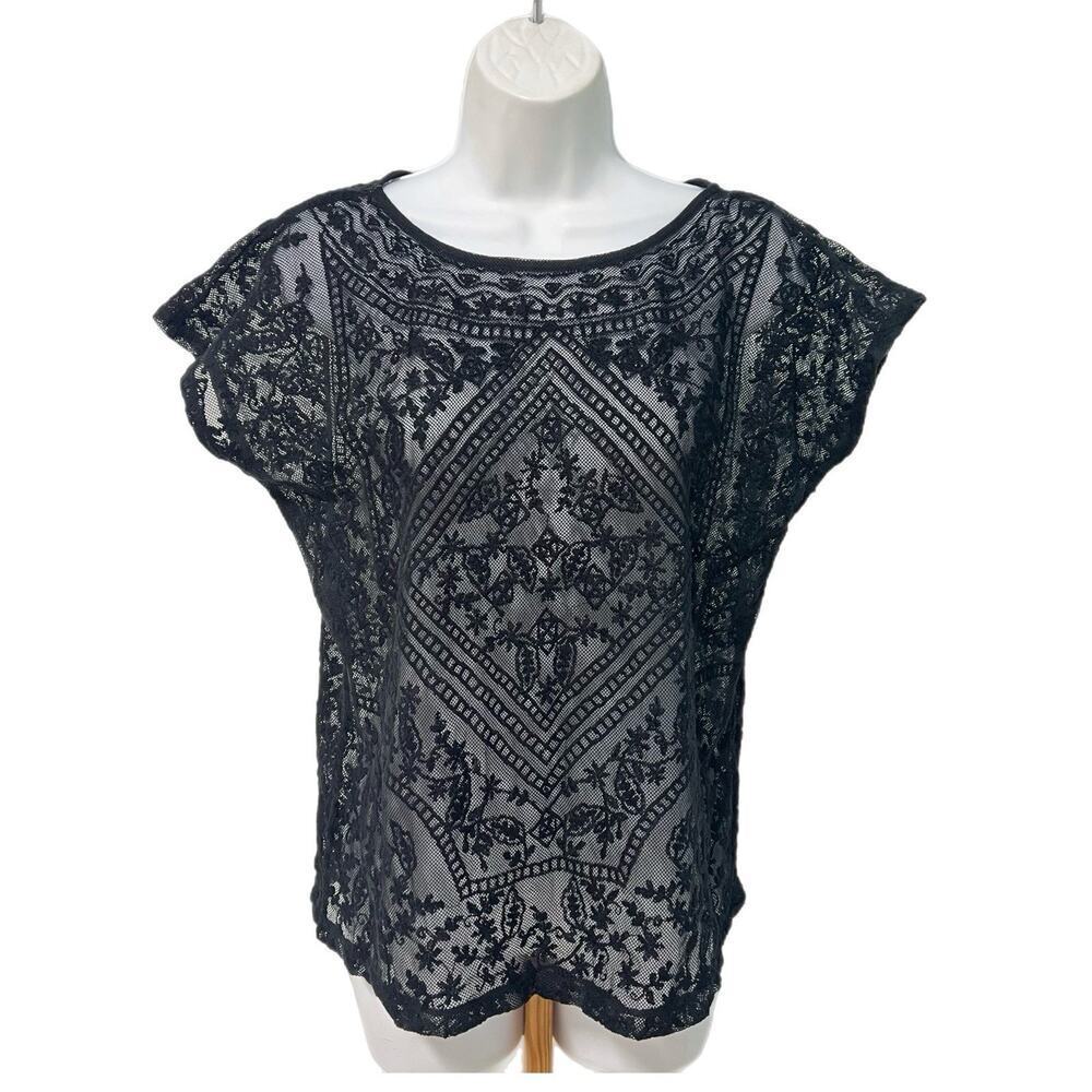 Lauren Ralph Lauren Black Embroidered Stretch Mesh Top Medium Fairy Grunge Sheer